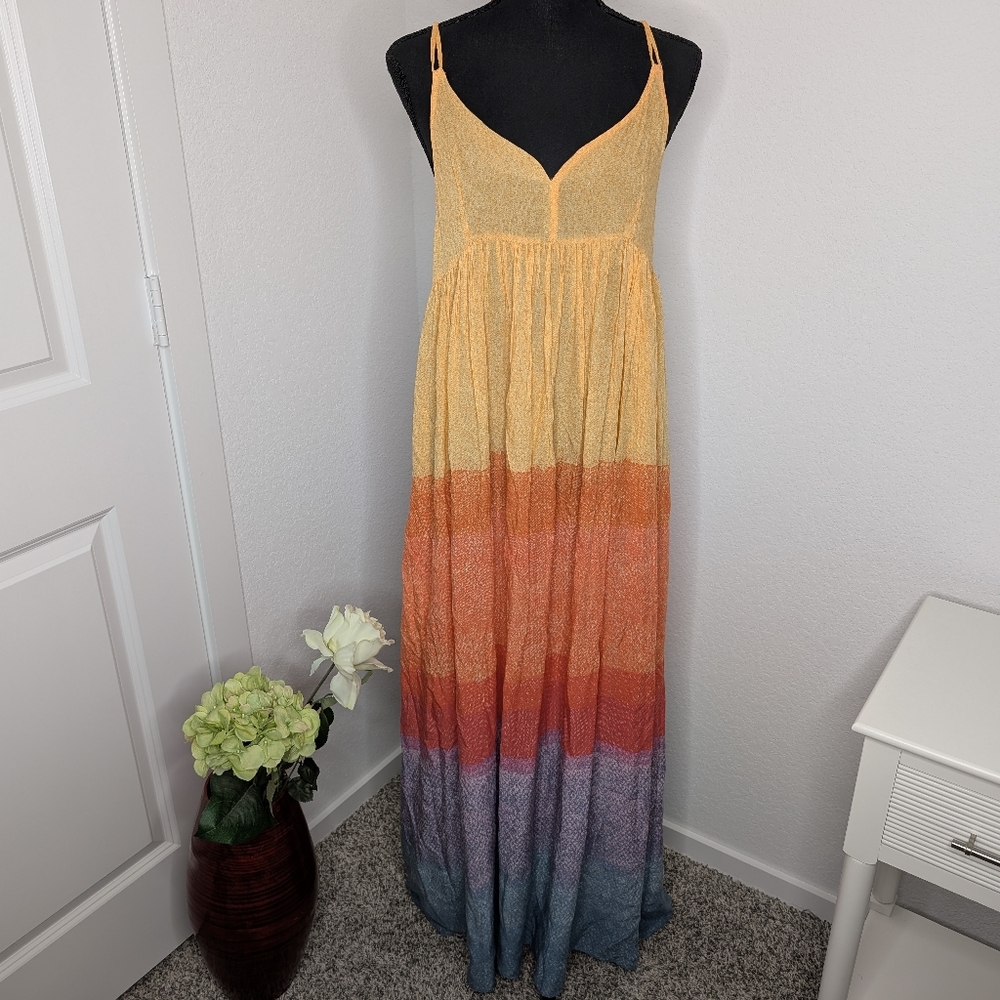 Anthropologie Yellow Orange Red Purple Blue Ombre Maxi Dress - Picture 5 of 9